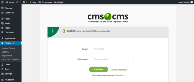 fill in account info in CMS2CMS plugin converting Wix to wordPress