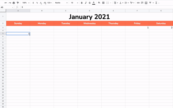 Filling in the rest of the numbers in a Google Sheets calendar