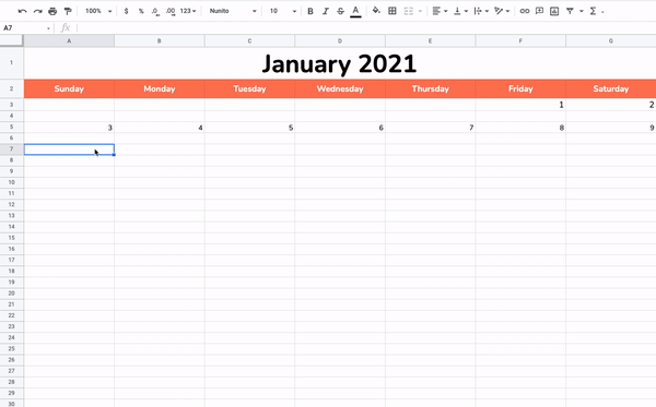 Filling in the next row of day numbers in a Google Sheets calendar 