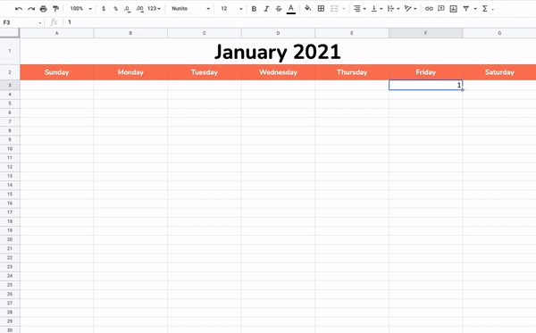 Filling in the day numbers in a Google Sheets calendar