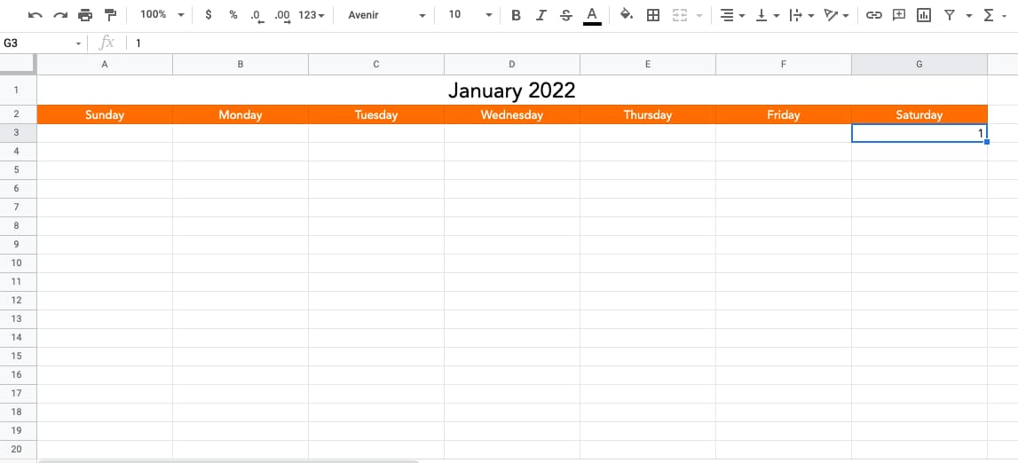 Mettre le premier jour du mois dans un calendrier Google Sheets