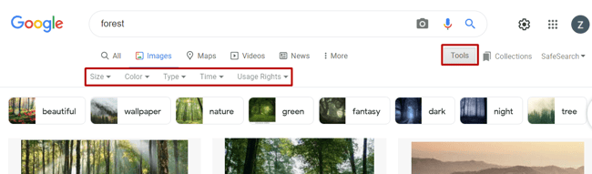 filters for google image search include size, color, and usage rights
