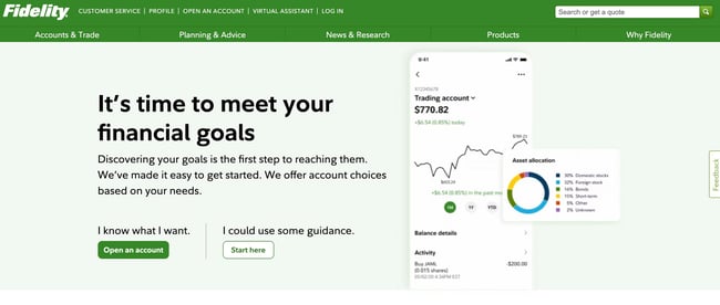 Financial website design example from Fidelity
