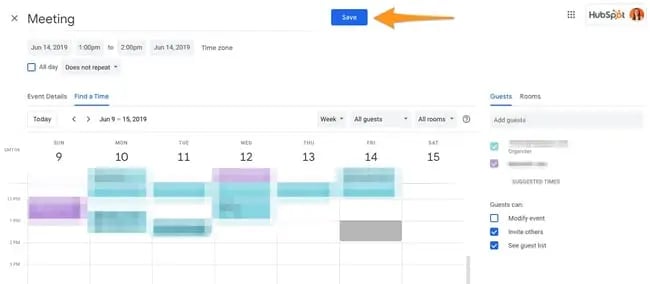 Select and save a meeting time in Google calendar using the blue button at the top right of the interface