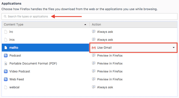 Applications menu with mailto default email option in General settings of Firefox