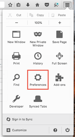 Preferences icon in settings menu in Firefox browser