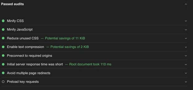 First contentful paint passed audits in Lighthouse