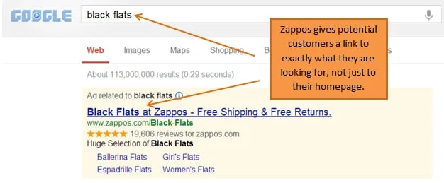 Zappos Google search example