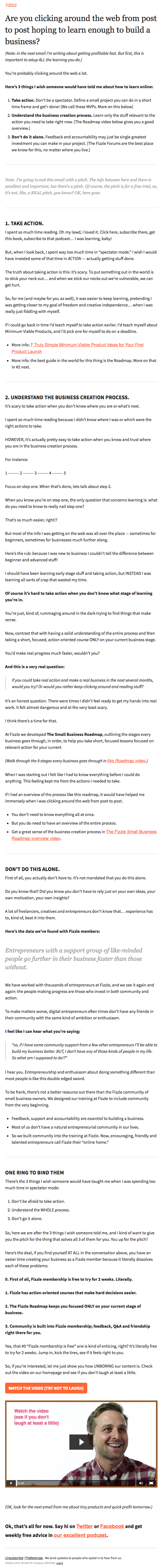 Diseño de ejemplo de boletín de correo electrónico con consejos de emprendimiento de Fizzle