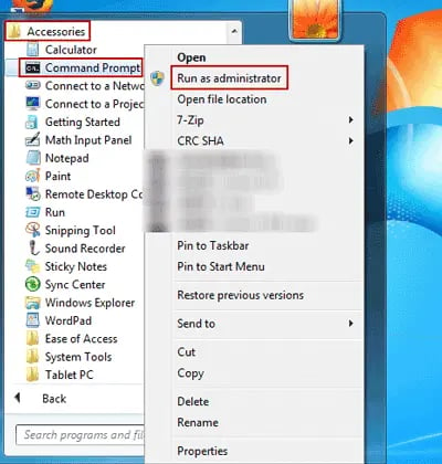 Run as administrator option selected in command prompt to flush DNS in Windows 7