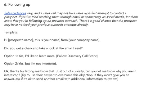 cold call script template example: follow up