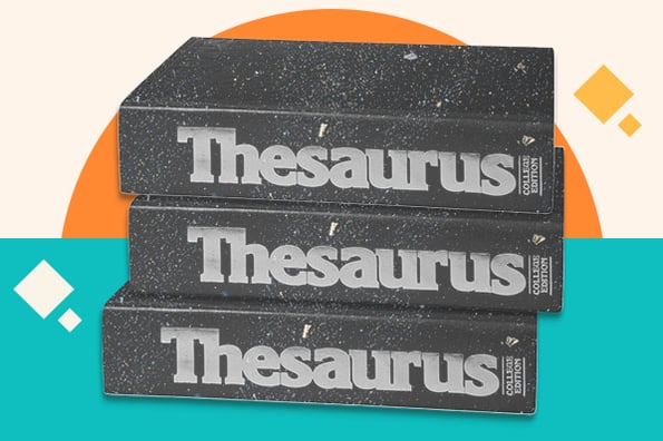 For Example Synonym: Image shows a stack of thesaurus books. 