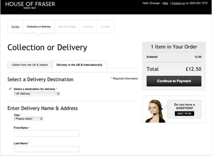 web form examples: House of Fraser