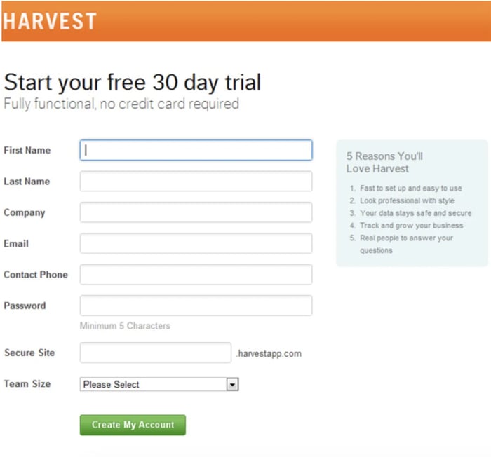 web form examples: Harvest