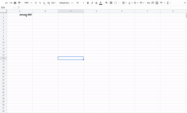 Formatting the January title in a Google Sheets calendar