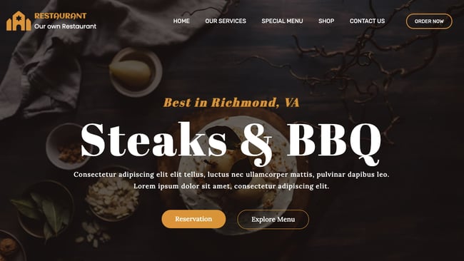 free parallax theme WPparallaxs Restaurant demo features transparent background image with bold typography and CTA buttons