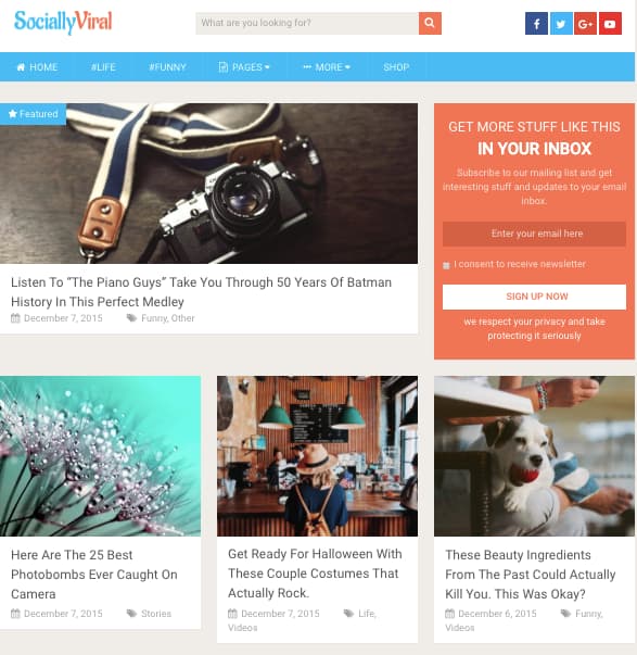 free responsive WordPress theme SociallyViral features a grid of posts