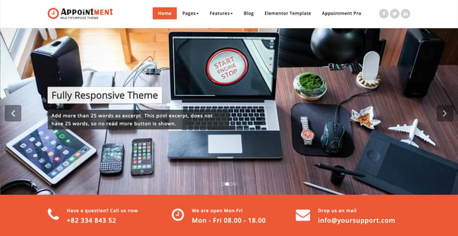 free responsive WordPress theme Appointment features hero image slider and colorful banner