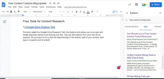 Free Content Writing Tools - Google Docs Explore Tool