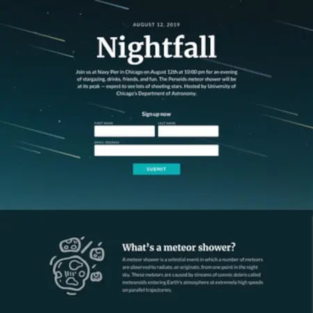 example landing page template in nightfall with placeholder text and images