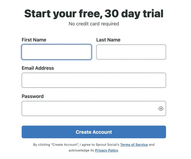 progressive profiling example from Sprout, simple sign-up form for free trial