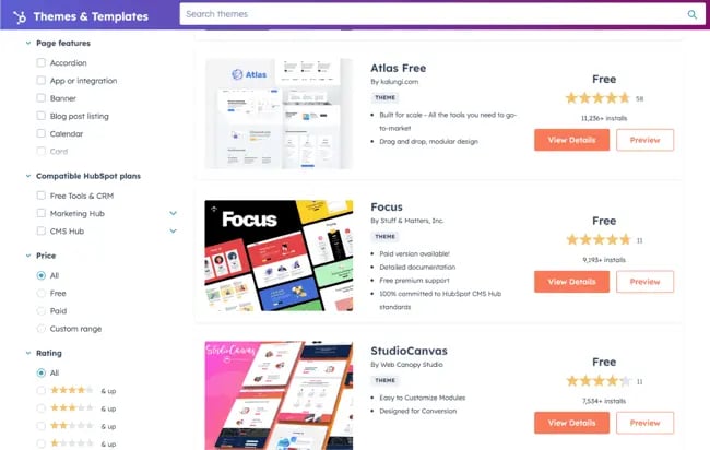 website features: hubspot theme marketplace