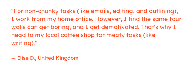 Freelance marketing quote: “For non-chunky tasks (like emails, editing, and outlining), I work from my home office. However, I find the same four walls can get boring, and I get demotivated. That's why I head to my local coffee shop for meaty tasks (like writing).” — Elise D., United Kingdom
