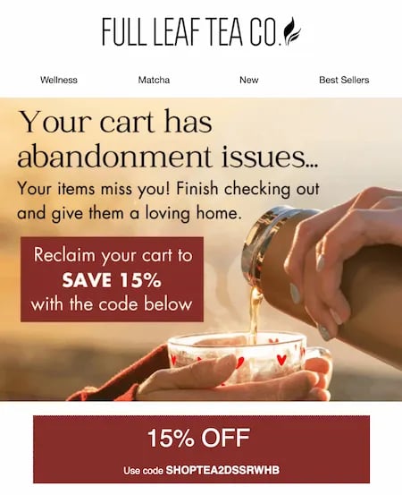 Abandoned cart email examples, Full Leaf Co.