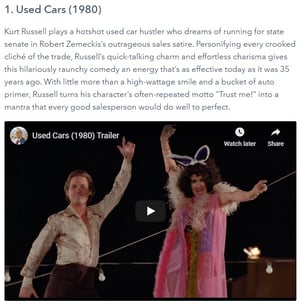 esempio di un divertente post sul blog con un video incorporato da un trailer di un film con kurt russel in abito da ballo
