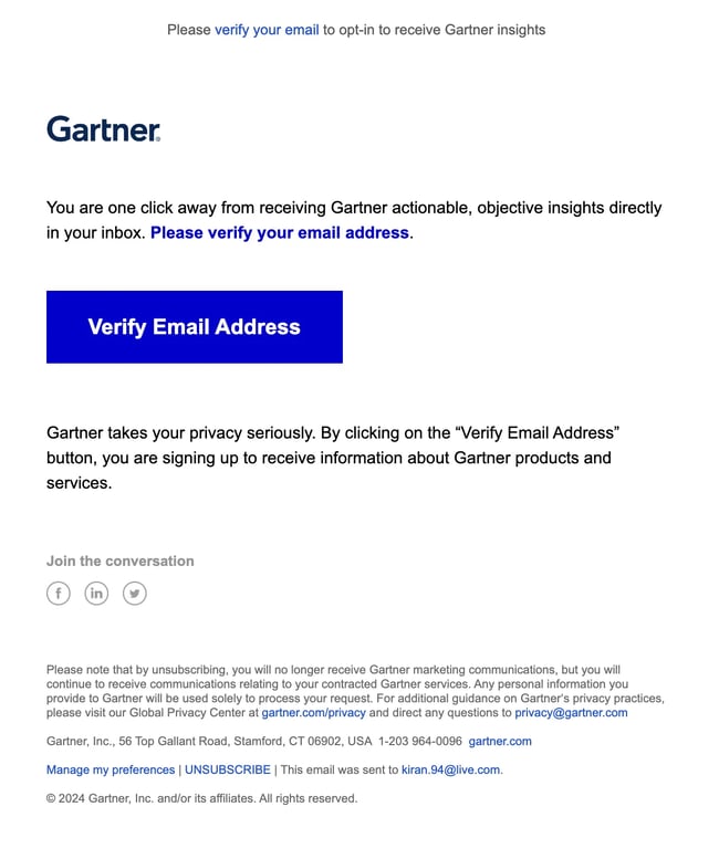 email opt-in wording example from Gartner