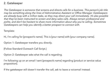 cold call script template example: gatekeepers