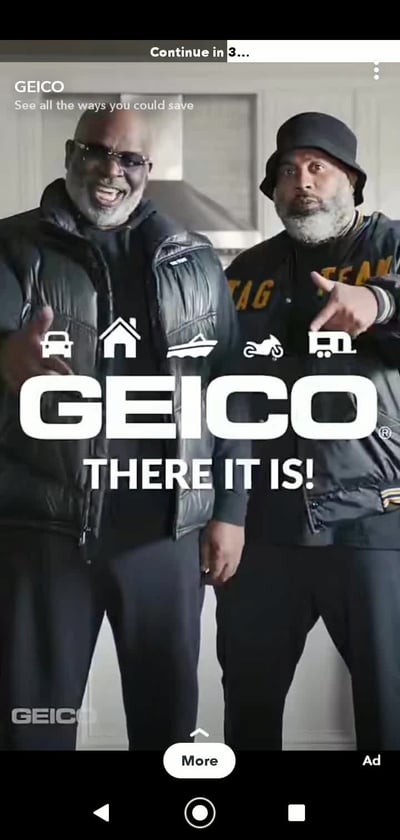 Geico Snapchat ad with two famous people promoting their insurance services