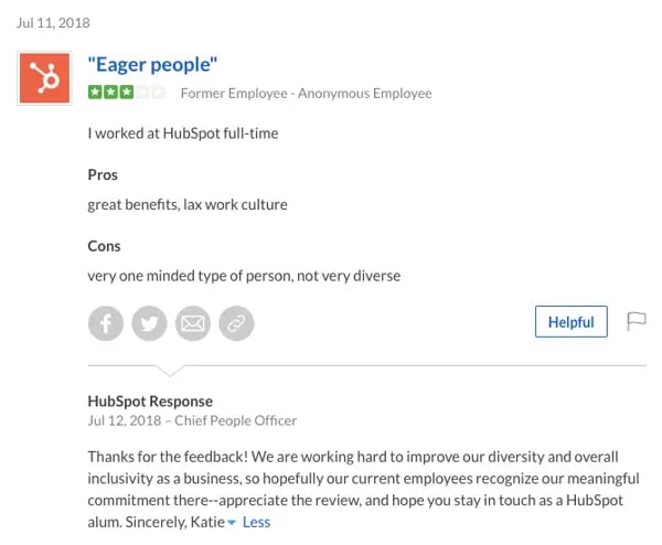 hubspot glassdoor review response to neutral rating with negative feedback