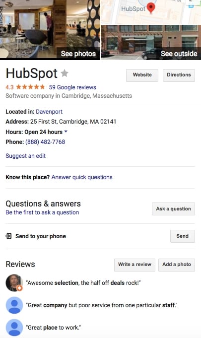 HubSpot's Google My Business Card With Google Reviews