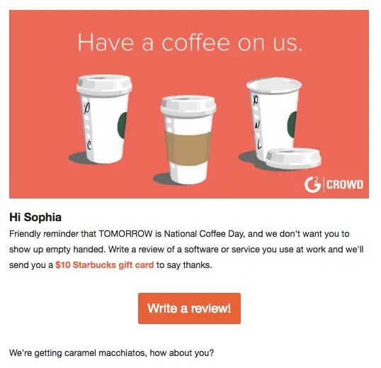 g2crowd "have a coffee on us" incentive for testimonial 