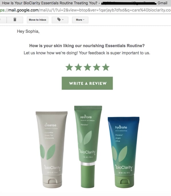 bioclarity email asking for review with line: "how is your skin liking our nourishing Essentials Routine?"
