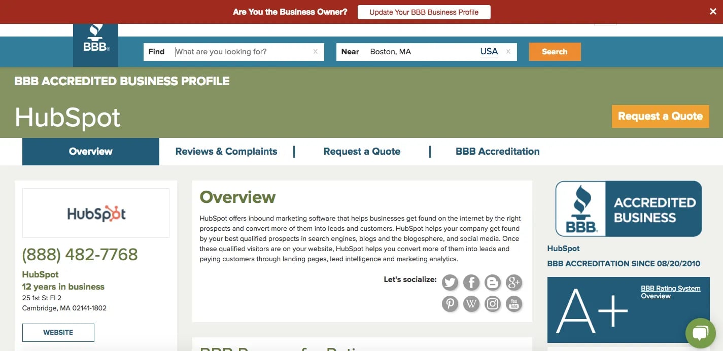 HubSpot's Better Business Bureau Page With A+ Rating