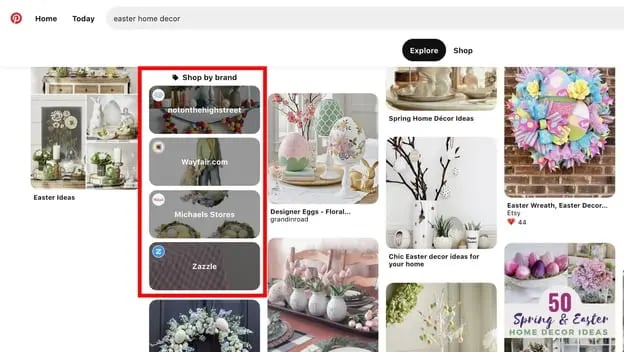 Pinterest's "Shop by Brand" category on the search results page for "easter home decor"