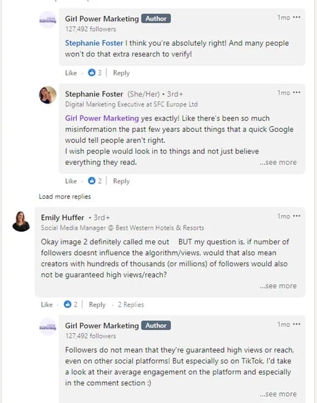 Girl Power Marketing responds to followers’ comments.