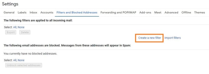 gmail create filter on filters and blocked addresses page
