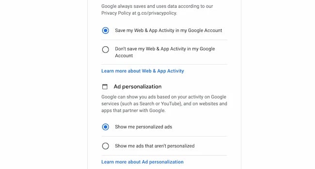 Free email services, Google privateness settings