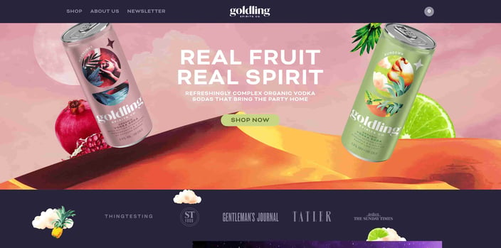 website with background image: Goldling Drinks features a graphic background image of a golden desert