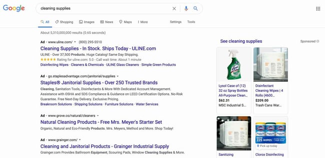 ppc strategy, cleaning supplies google ads ppc example