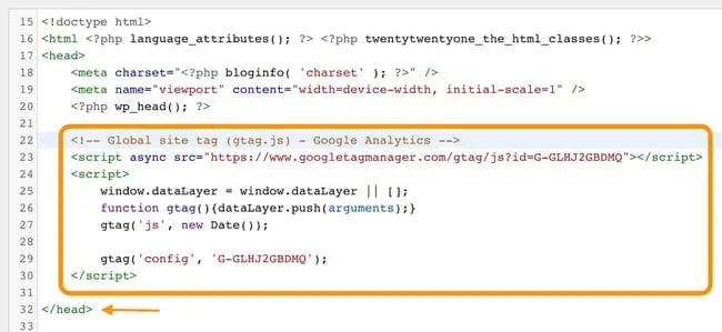 wordpress google analytics: tracking code pasted into the wordpress header.php file
