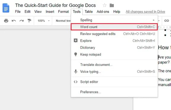 google docs word count menu