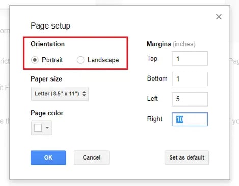 google docs page setup orientation