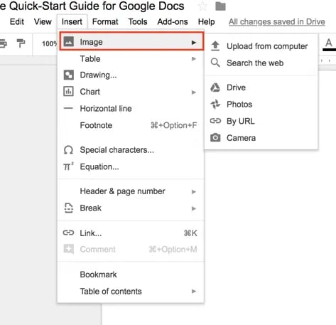 google docs insert image menu