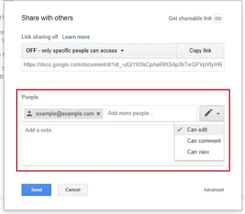 google docs sharing via email