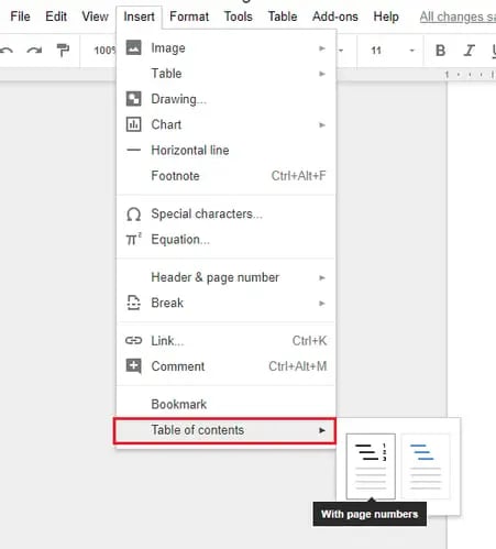 google docs inserting a table of contents