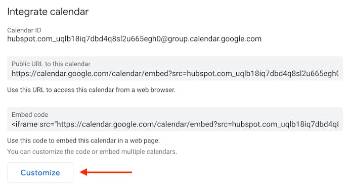 Customize button inside Google's integrate calendar settings.